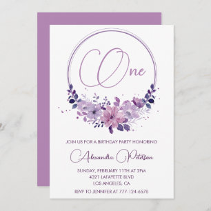 Elegant 1st birthday invitations Floral Purple