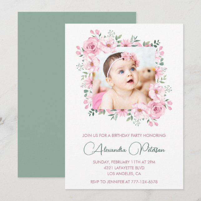 Elegant 1st birthday invitations Photo Boho (Front/Back)