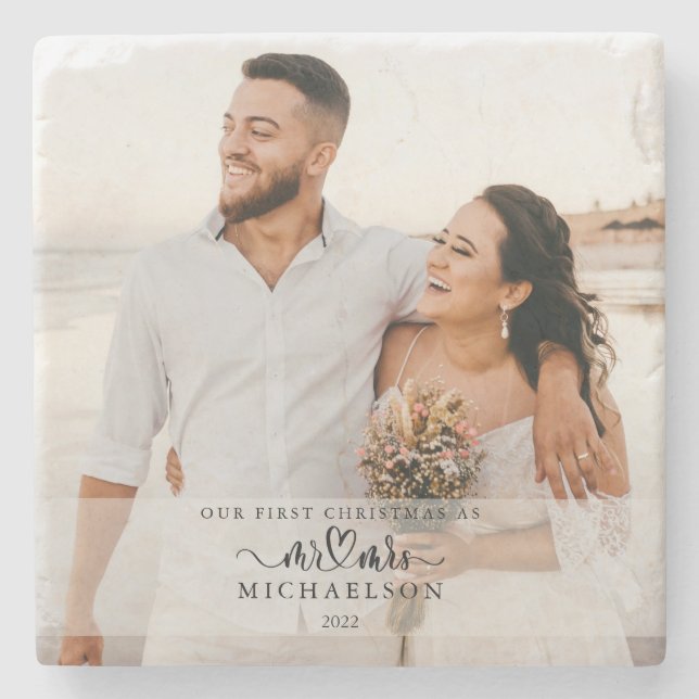 Elegant 1st Christmas Married As Mr and Mrs Stone Coaster (Front)