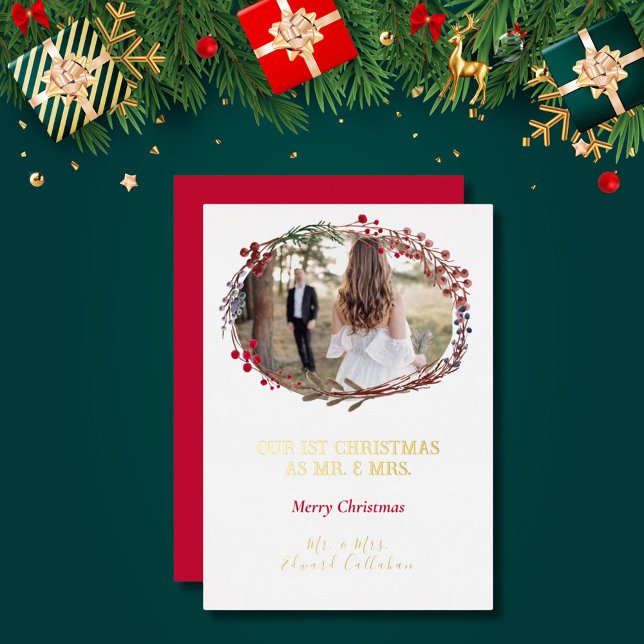 Elegant 1st Christmas Married Bridal Photo White Foil Holiday Card (Creator Uploaded)