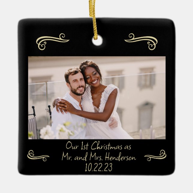 Elegant  1st Christmas Mr. Mrs. Gold and Black Ceramic Ornament (Front)
