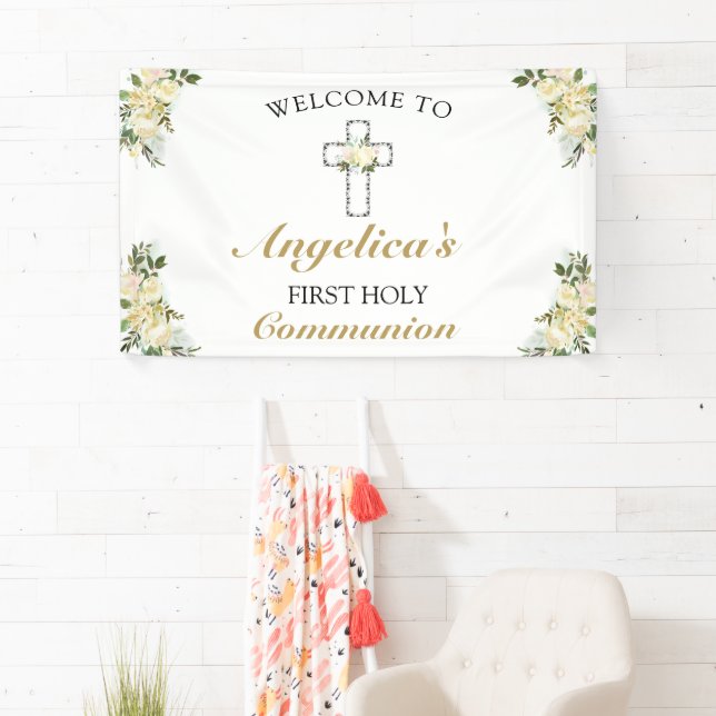 Elegant 1st Holy Communion Floral Welcome Banner (Insitu)