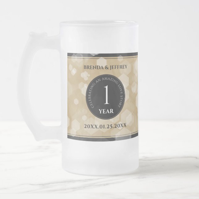 Elegant 1st Paper Wedding Anniversary Celebration Frosted Glass Beer Mug (Left)