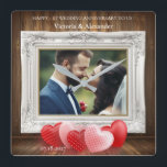 Elegant 1st Wedding Anniversary Photo Clock<br><div class="desc">Celebrate your love with this beautifully designed custom photo wall clock! Featuring a classic wood panel background, ornate white frame, romantic heart graphics, and personalised names and date, it’s the perfect keepsake for your 1st wedding anniversary. Customise with your favourite photo, names, and date for a truly unique gift that...</div>