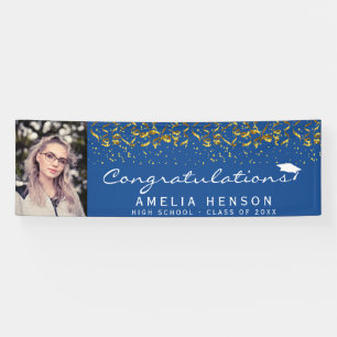 Elegant 2022 Blue Gold Confetti Graduate Photo Banner