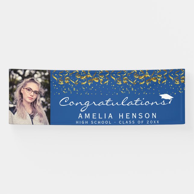 Elegant 2022 Blue Gold Confetti Graduate Photo  Banner (Horizontal)
