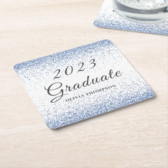 Elegant 2023 Graduation Blue Glitter Square Paper Coaster (Angled)