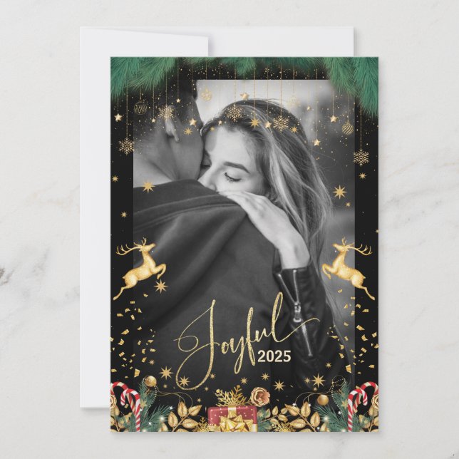 Elegant 2025 Joyful Red And Gold Merry Christmas  Holiday Card (Front)