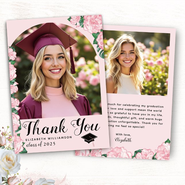 Elegant 2025 Pink Floral Arch Photo Graduation Thank You Card (Creator Uploaded)