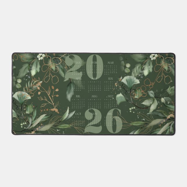 Elegant 2026 Calendar Eucalyptus Green Gold Desk Mat (Front)