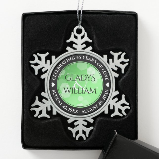 Elegant 20th 38th 55th Emerald Wedding Anniversary Snowflake Pewter Christmas Ornament (Box)