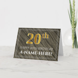 Elegant 20th Birthday: Faux Wood, Faux Gold Look Card