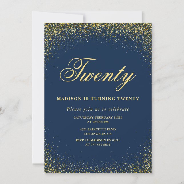 Elegant 20th birthday invitation Navy Gold Glitter (Front)