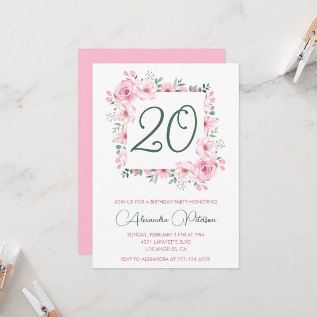 Elegant 20th birthday invitations Floral Pink  (Front/Back In Situ)