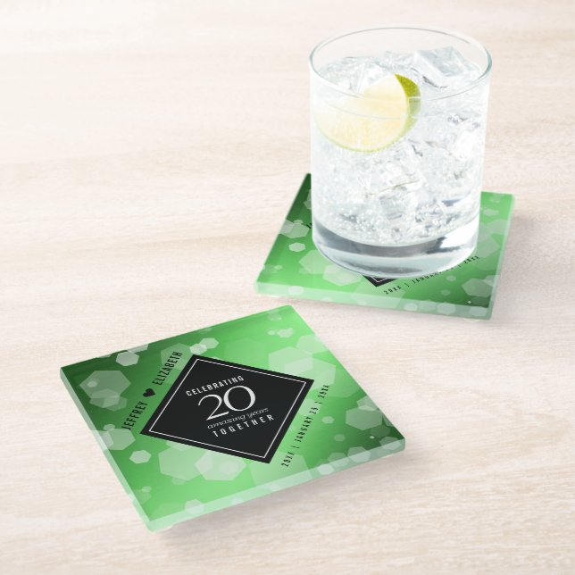 Elegant 20th Emerald Wedding Anniversary Glass Coaster (Angled)