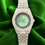 Elegant 20th Emerald Wedding Anniversary Watch<br><div class="desc">Celebrate the 20th emerald wedding anniversary with this commemorative watch! Elegant lettering with hexagonal confetti on an emerald green background add a memorable touch for this special occasion and extraordinary milestone. Customise with couple's names,  dates of marriage,  and congratulatory messages.

Design © W.H. Sim. See more at zazzle.com/expressionsoccasions</div>