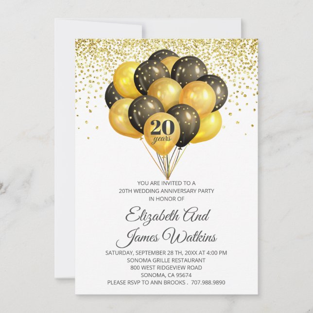 Elegant 20th Wedding Anniversary Gold And Black  I Invitation (Front)
