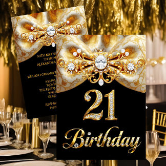 Elegant 21st Birthday Black Gold Butterfly Bow Invitation