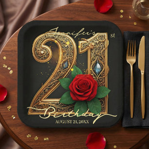 Elegant 21st Birthday Black Gold Filigree Red Rose Paper Plate