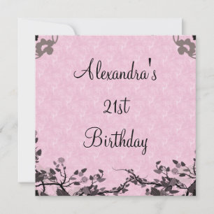 Elegant 21st Birthday Black Pink Flowers Invitation