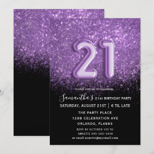 Elegant 21st Birthday Black Purple Glitter Invitation