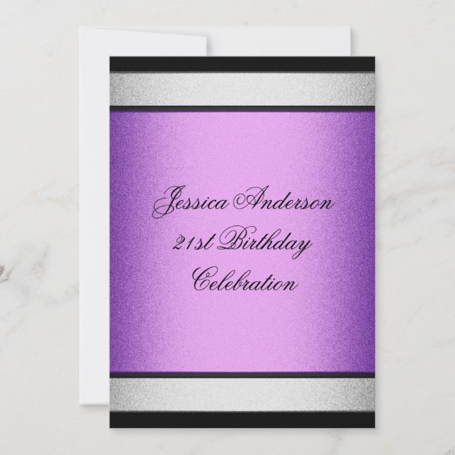 Elegant 21st Birthday Black Purple & Silver Metal Invitation (Front)