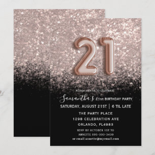 Elegant 21st Birthday Black & Rose Gold Glitter  Invitation