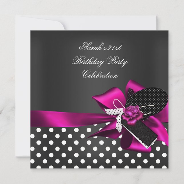 Elegant 21st Birthday Black Spot White Pink Rose 2 Invitation (Front)