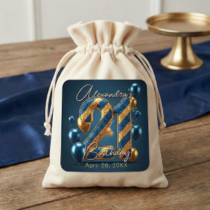 Elegant 21st Birthday Blue Gold Glitter Stripes Square Sticker