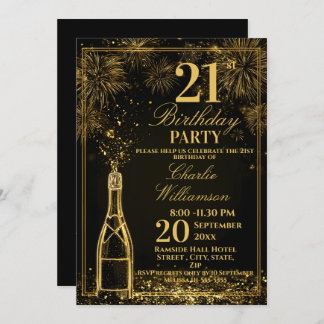 Elegant 21st Birthday Gold Bottle Fizz Invitation
