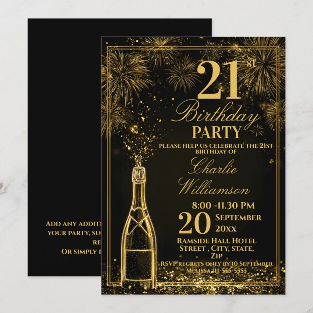 Elegant 21st Birthday Gold Bottle Fizz Invitation (Front/Back)