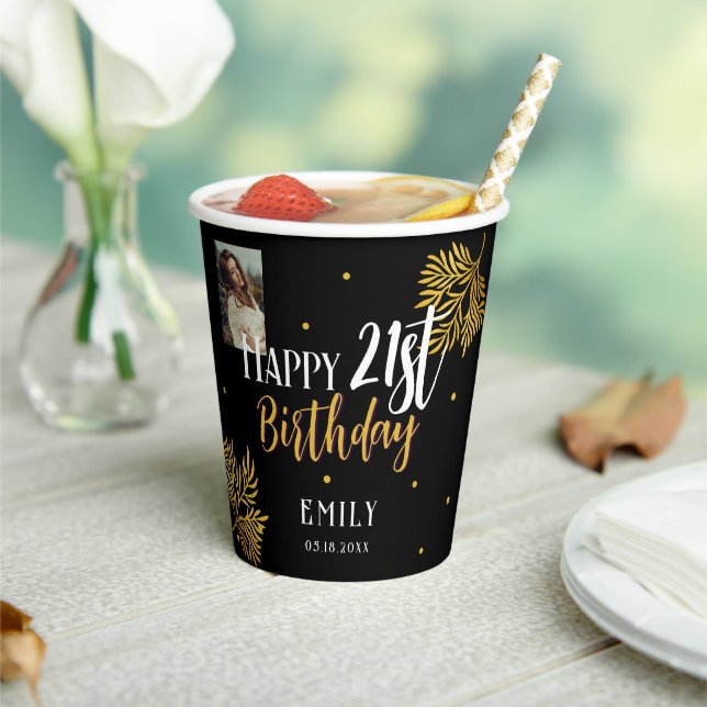 Elegant 21st Birthday Gold Foliage Photo Party Paper Cups (Insitu)