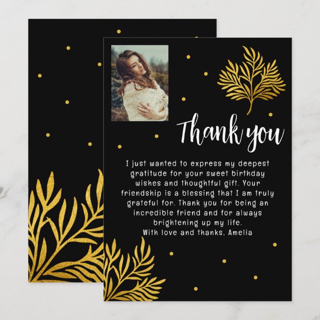 Elegant 21st Birthday Gold Foliage Photo Thank You Card (Front/Back)