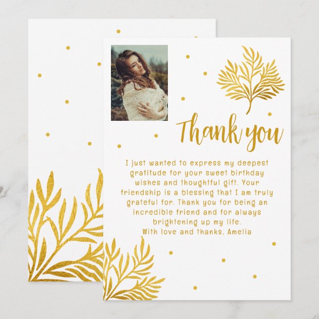 Elegant 21st Birthday Gold Foliage Photo Thank You Card (Front/Back)