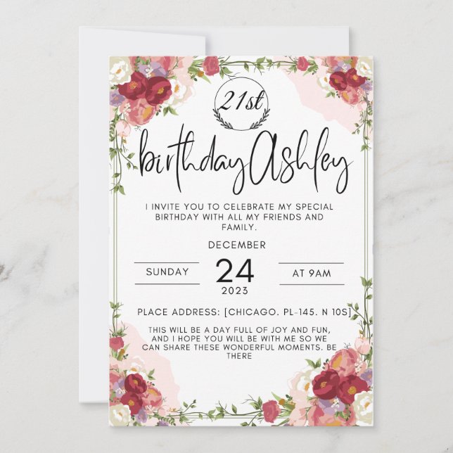 Elegant 21st birthday invitation with flowers (Front)