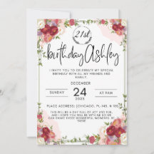 Elegant 21st birthday invitation with flowers