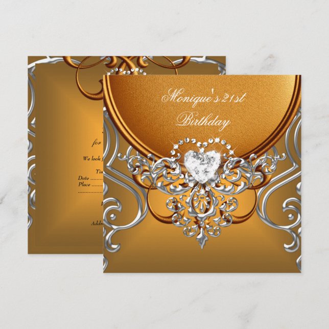 Elegant 21st Birthday Party Gold Silver Diamond Invitation (Front/Back)