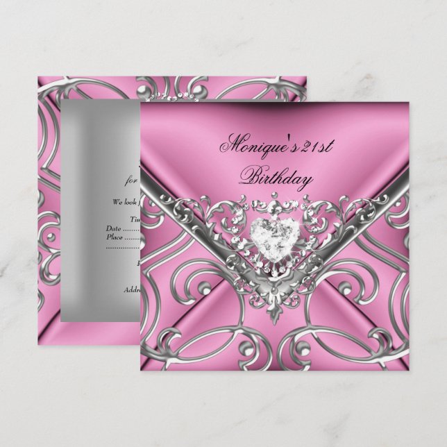 Elegant 21st Birthday Party Pink Silver Diamond Invitation (Front/Back)