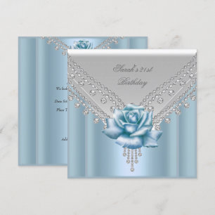 Elegant 21st Birthday Party White Blue Rose Invitation