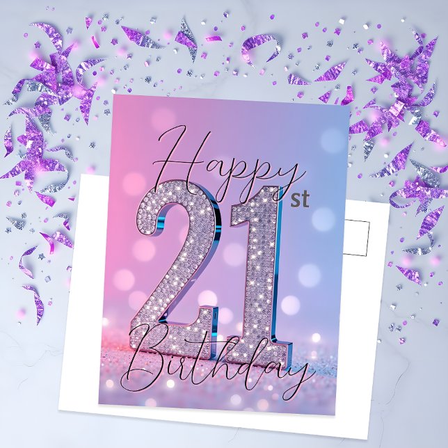 Elegant 21st Birthday Pastel Hues Glitter Diamond Postcard (Creator Uploaded)
