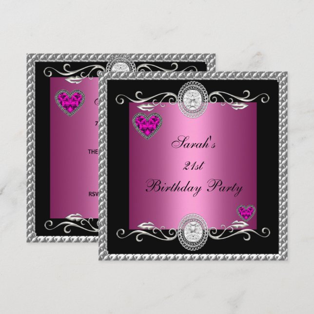 Elegant 21st Birthday Pink Black Heart Jewel Invitation (Front/Back)