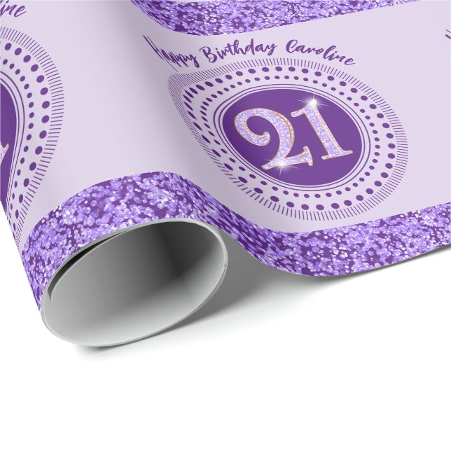 Elegant 21st Birthday Purple Glitter with Stripes Wrapping Paper (Roll Corner)
