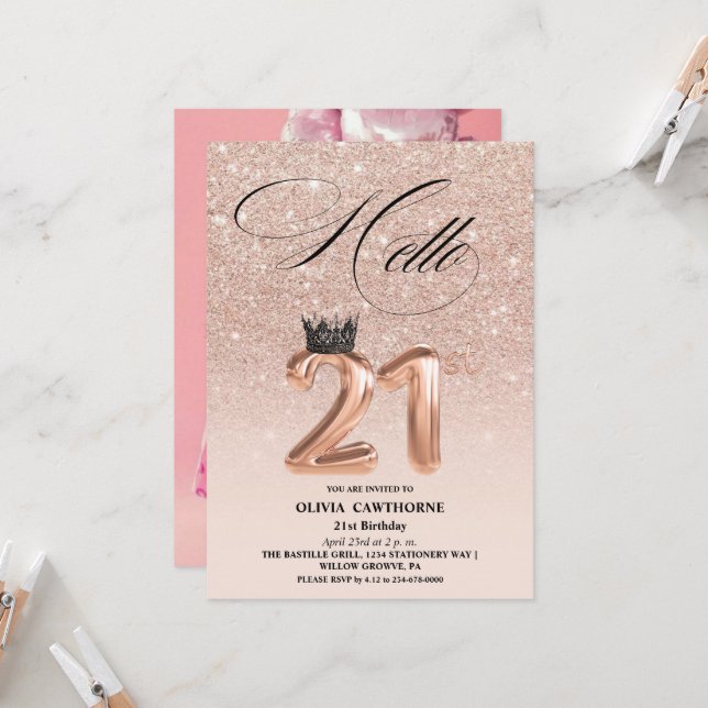 Elegant 21st birthday rose gold blush photo invitation (Front/Back In Situ)