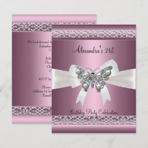 Elegant 21st Birthday Satin Pink Butterfly Jewel Invitation