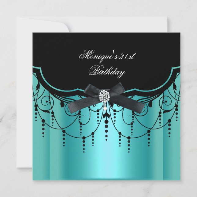 Elegant 21st Birthday Teal Blue Black Diamond Invitation (Front)