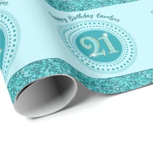 Elegant 21st Birthday Teal Blue Glitter & Stripes Wrapping Paper