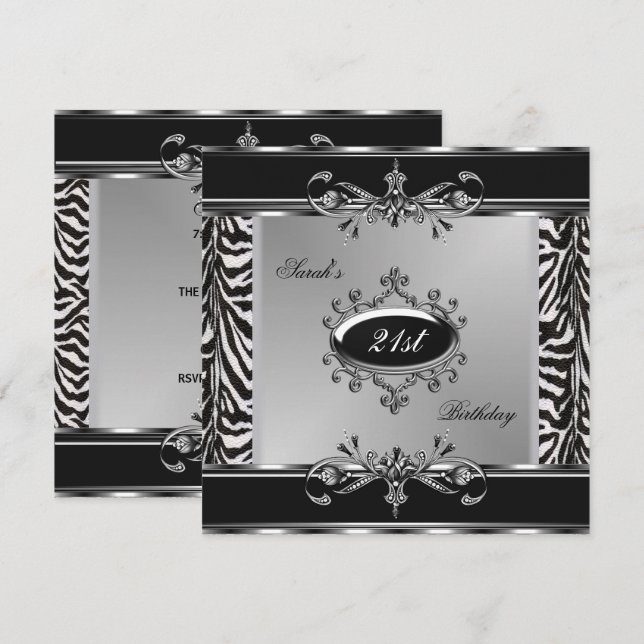 Elegant 21st Birthday Zebra Black White Silver Invitation (Front/Back)