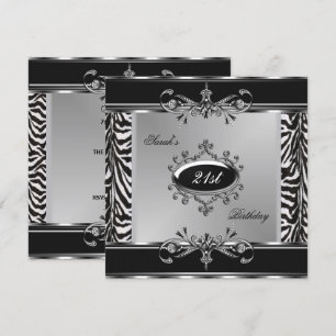 Elegant 21st Birthday Zebra Black White Silver Invitation