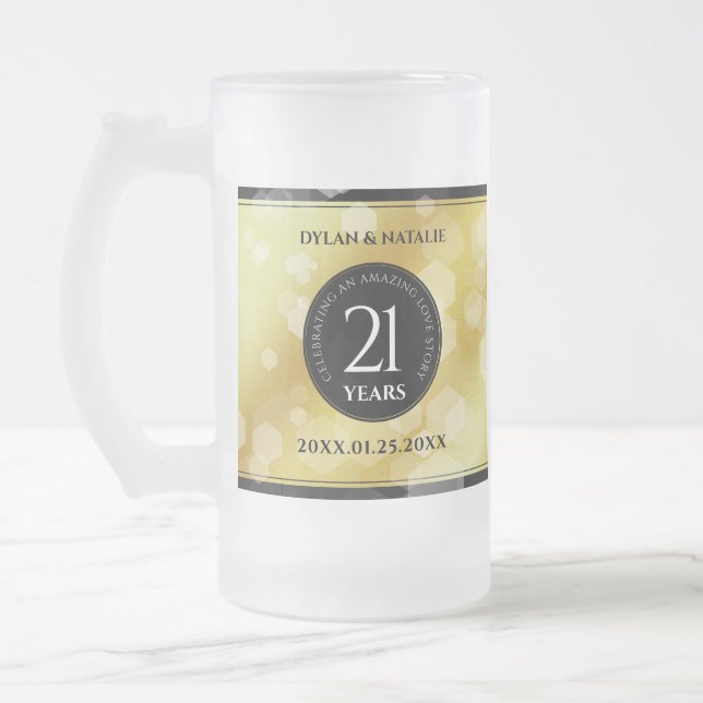 Elegant 21st Brass Wedding Anniversary Celebration Frosted Glass Beer Mug (Left)