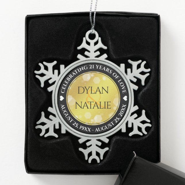 Elegant 21st Brass Wedding Anniversary Celebration Snowflake Pewter Christmas Ornament (Box)